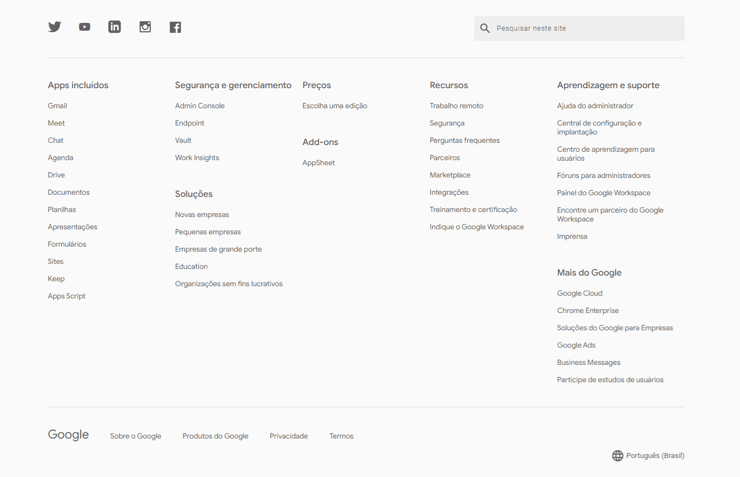 Esta é uma camptura de tela do footer do Workspace do Google, mostrando todos os seus elementos